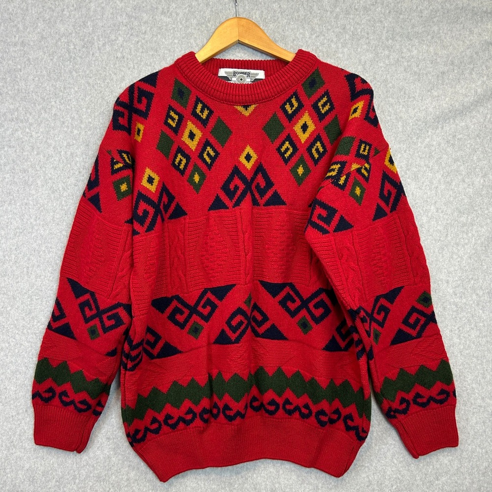 Bomber Knit Crewneck Grandpa Sweater Red Geometric Wool Retro Vintage Mens Large